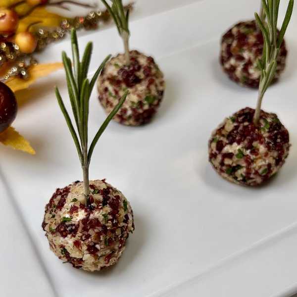 Cranberry Goat Cheese Balls with Rosemary Skewers by Chef Genevieve LaMonaca