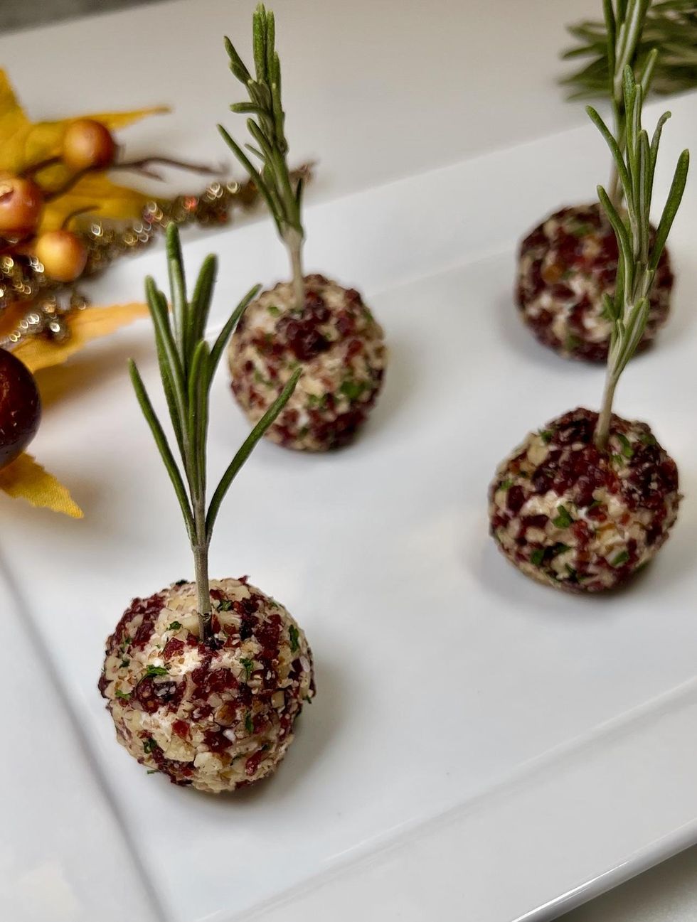 Cranberry Goat Cheese Balls with Rosemary Skewers by Chef Genevieve LaMonaca