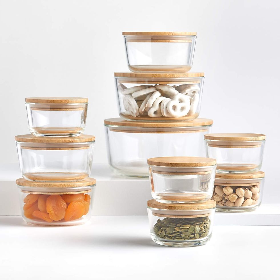 Crate & Barrel Round Glass Containers with Bamboo Lids Set Meal Prep Containers