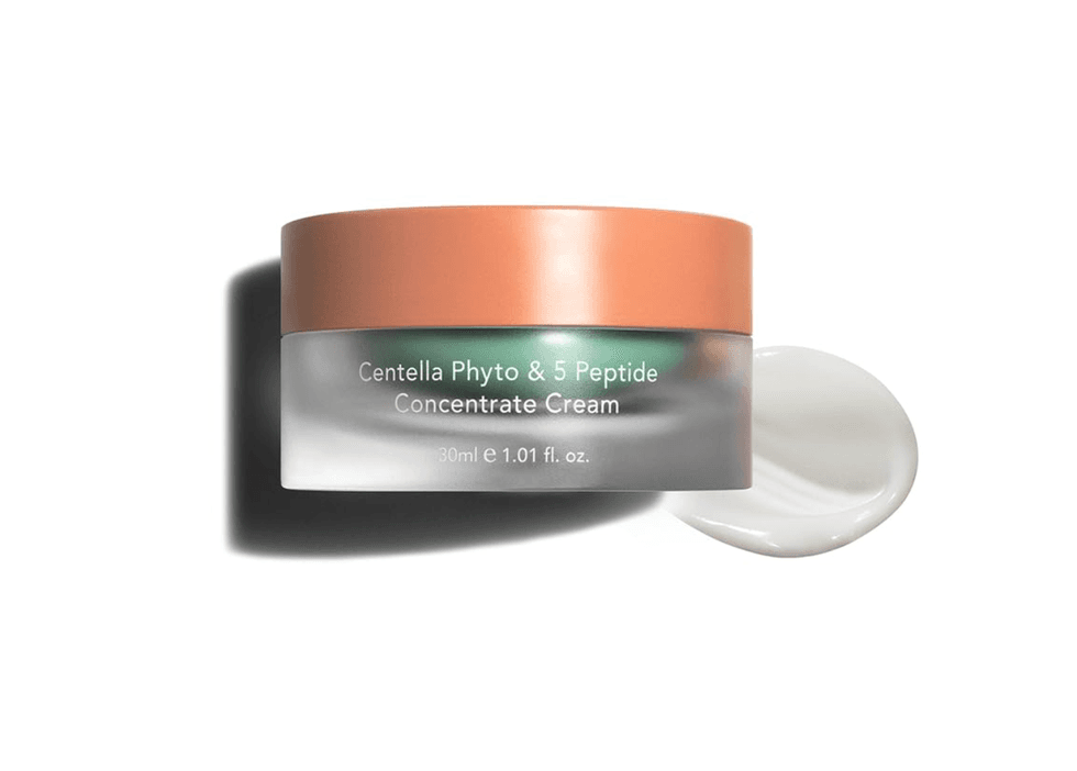 Cream jar with peach lid, text: "Centella Phyto & 5 Peptide Concentrate Cream."