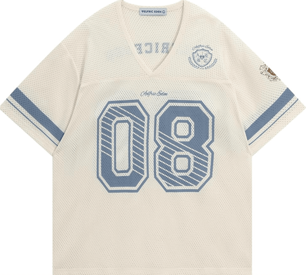 Cream mesh jersey with blue "08" and stripes on sleeves.