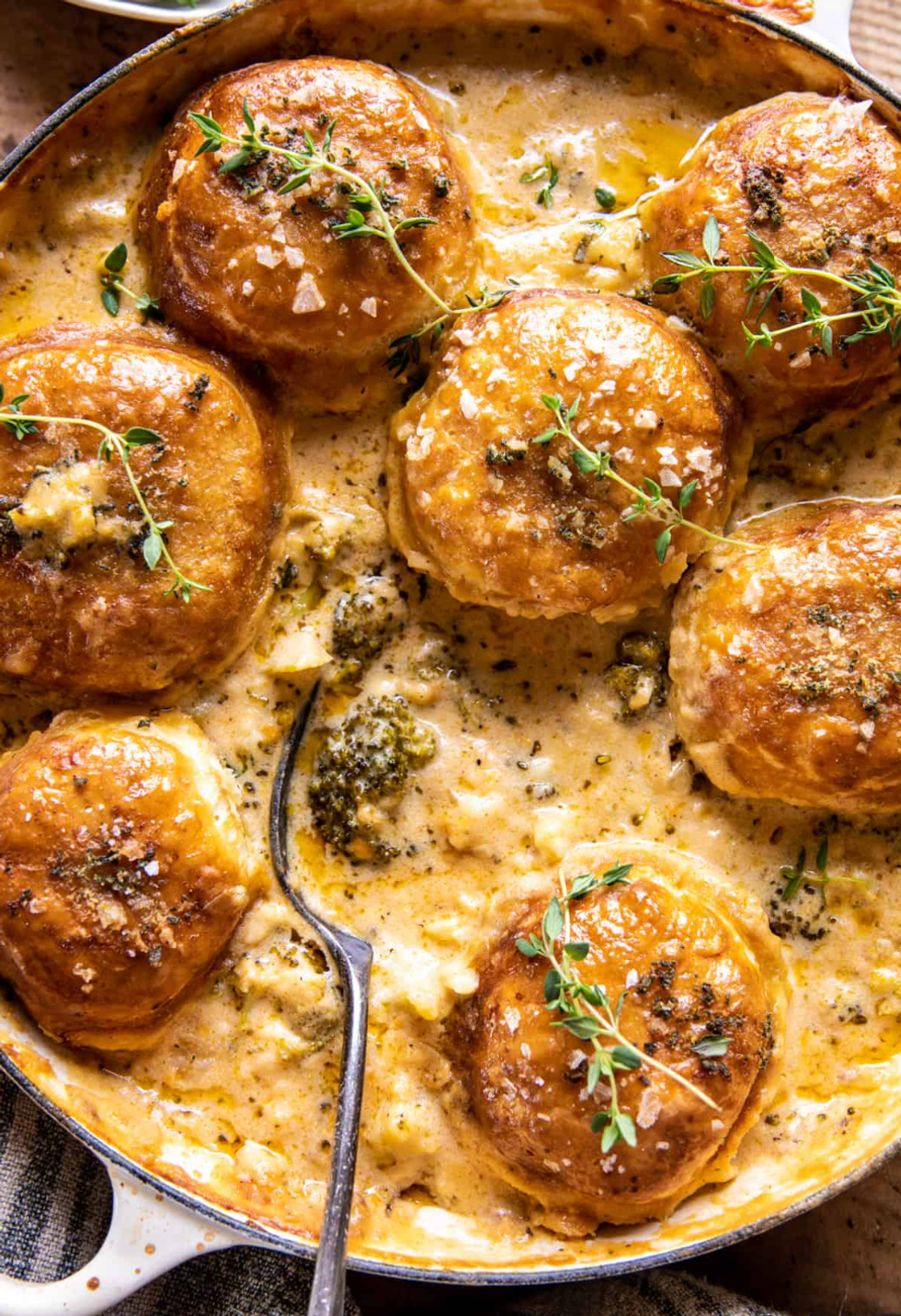 Creamy Broccoli Cheddar Casserole with Garlic Butter Pretzels