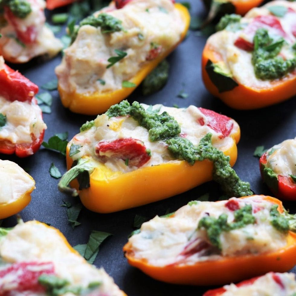 Creamy Chicken Stuffed Mini Peppers with Spinach-Walnut Pesto