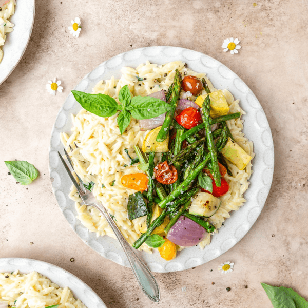 Creamy Orzo with Roasted Summer Vegetables