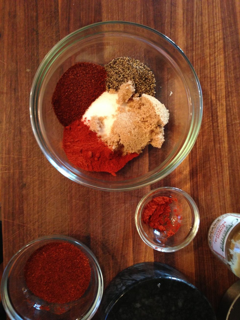 Create your rub. I used 3 parts kosher salt, 2 parts brown sugar, 1 part black pepper, chili powder, and smoked paprika each. Have fun and use a lot of salt and you probably won't go wrong.