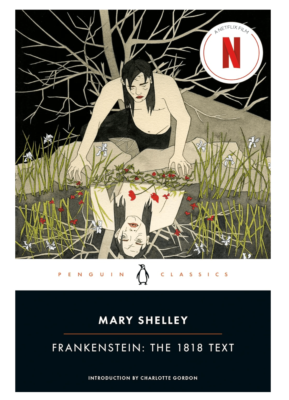 Creature by a pond, reflecting in water; cover of Mary Shelley's "Frankenstein."