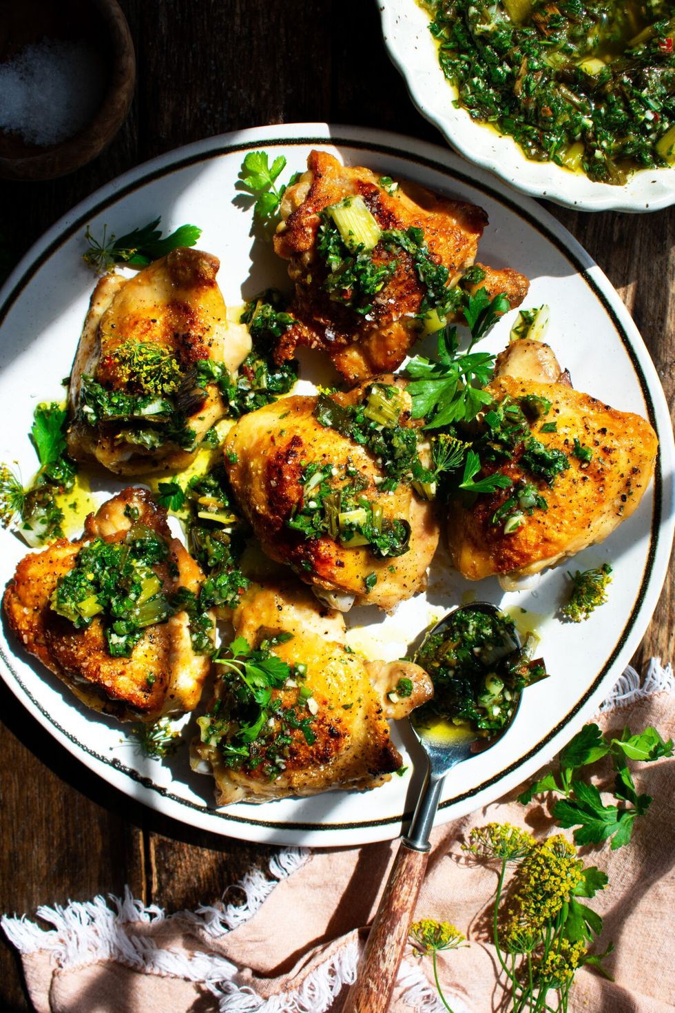 Crispy Chicken Thighs With Charred Green Onion Chimichurri