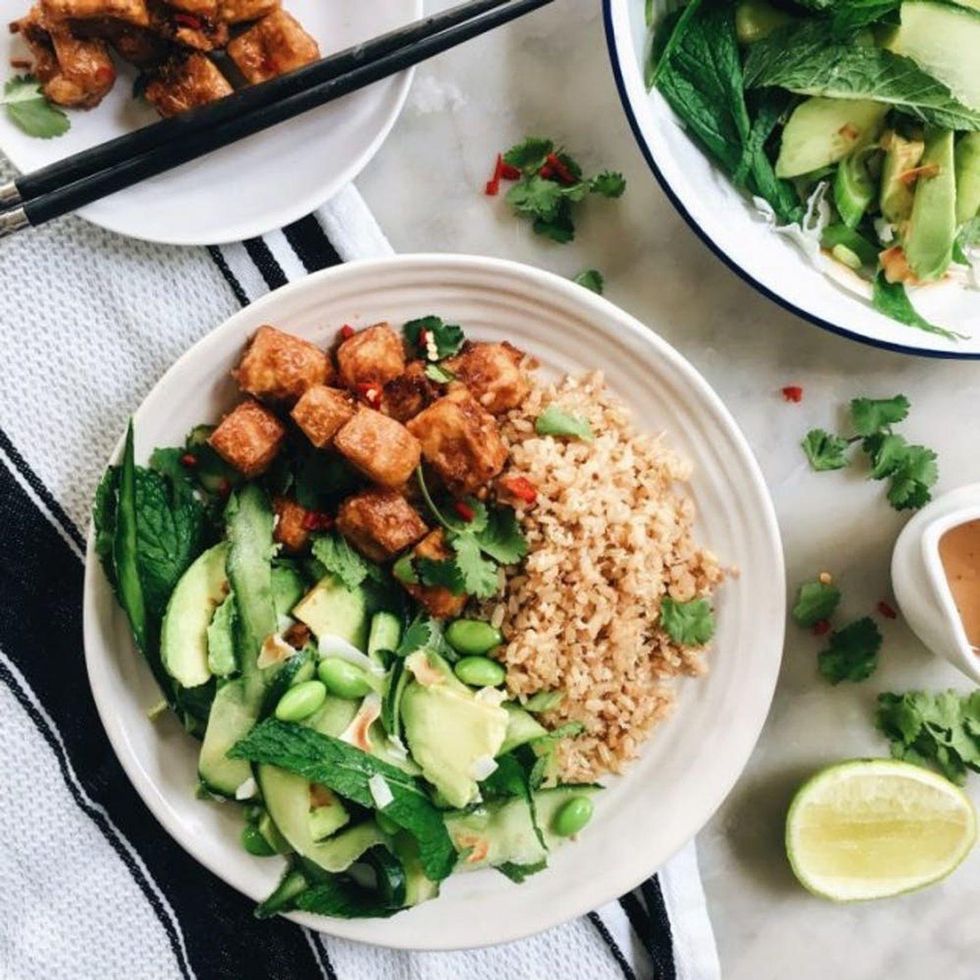 Crispy Satay Tofu With Coconut Rice and Cucumber, Avocado Salad