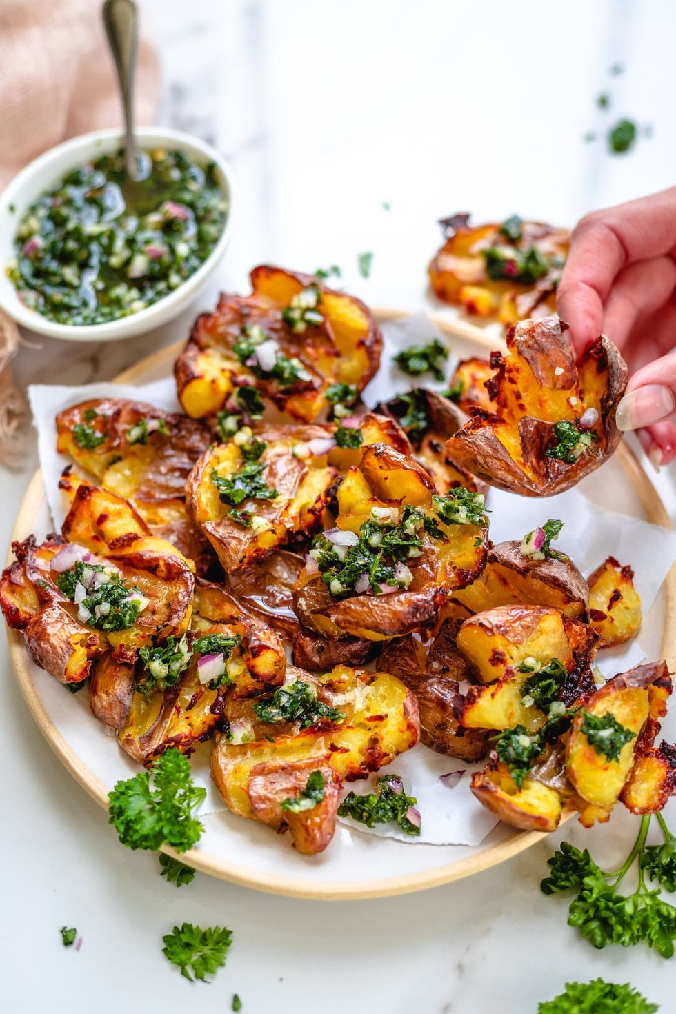 Crispy Smashed Potatoes with Chimichurri