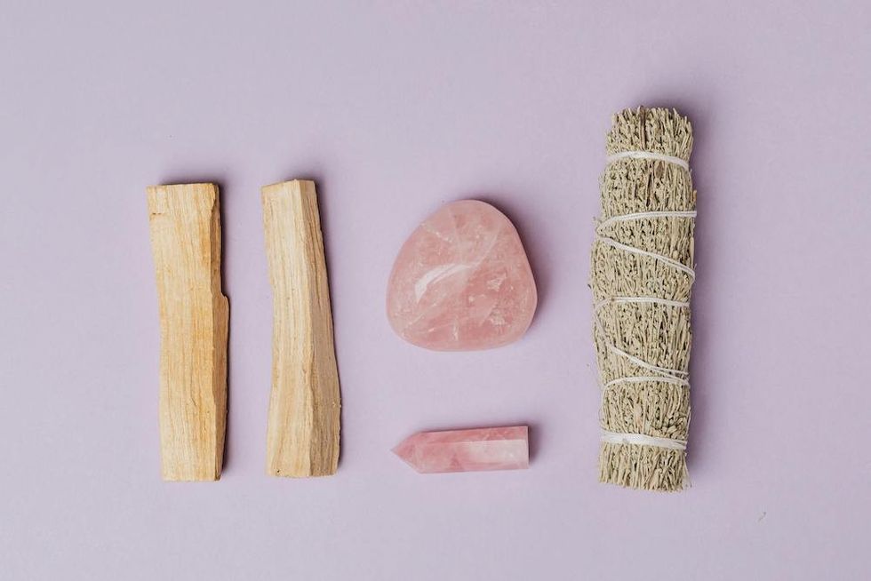 crystals next to sage and wood