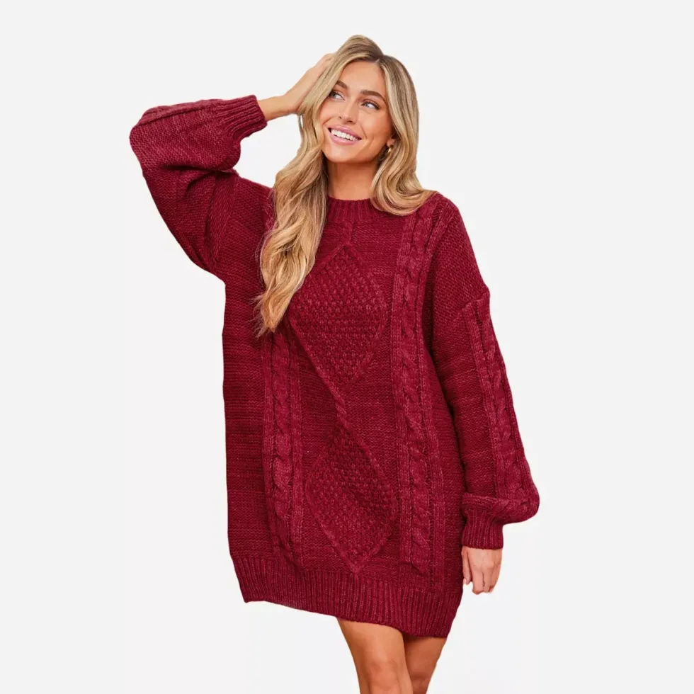 Cupshe Women's Red Drop Sleeve Cable Knit Sweater Dress
