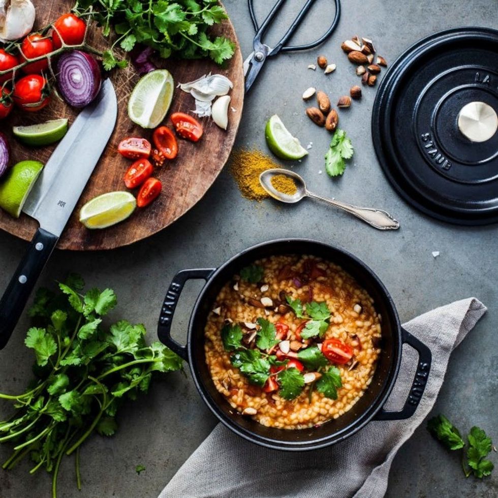 Curry Pearl Barley Porridge With Tomatoes, Coriander, Lime and Almonds recipes with beef broth