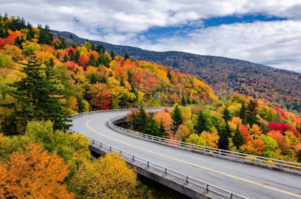 Curved road through vibrant autumn forest with distant mountains under a partly cloudy sky.