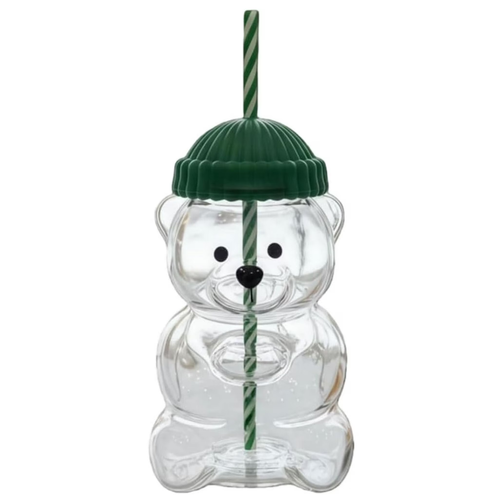 Cute 20-Ounce Bear Glass Cup With Straw