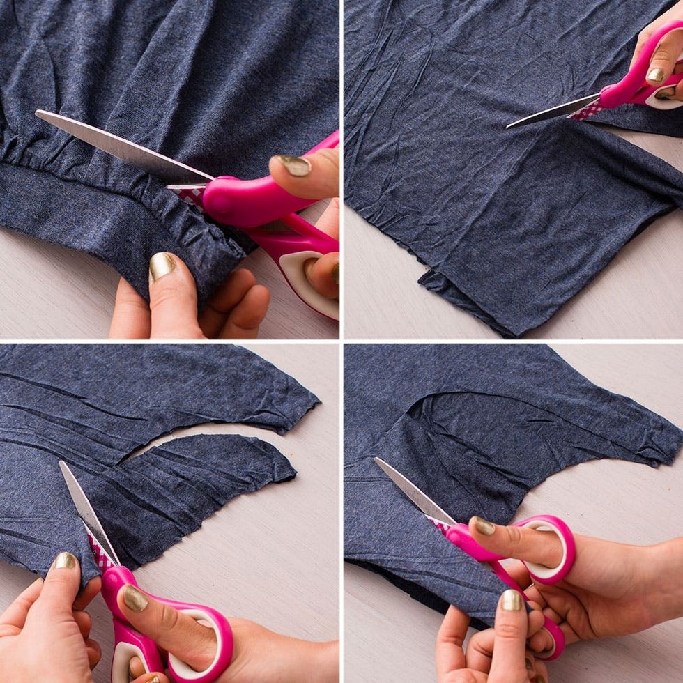cutting slits in the gray Beach_Cover_Up with pink scissors