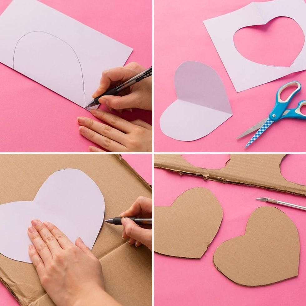 cutting the cardboard hearts