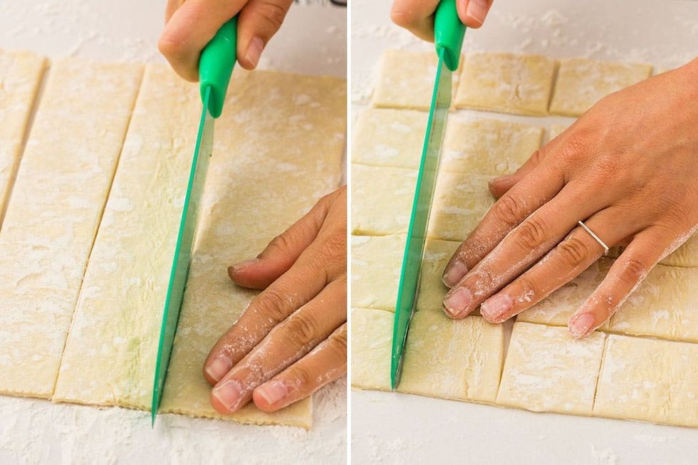 cutting the puff pastry into squares