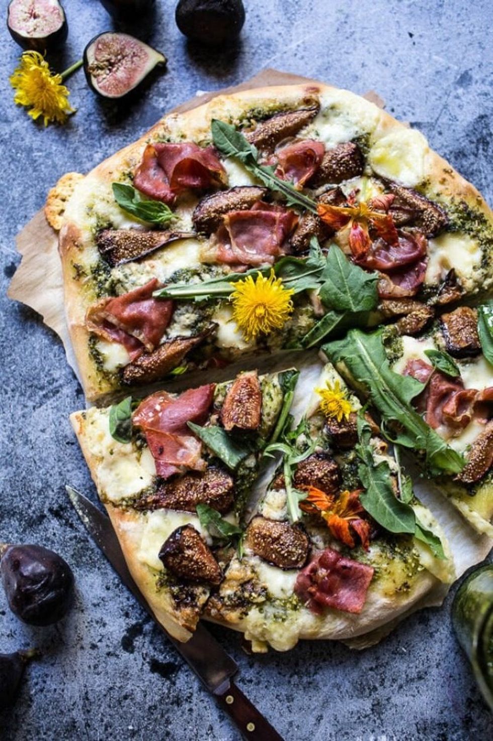Dandelion Green Pesto, Fresh Fig, and Gorgonzola With Prosciutto pizza recipes
