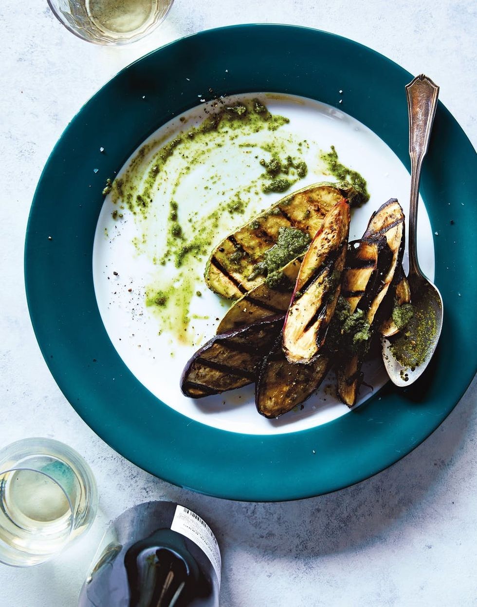 Danielle & Laura Kosann's Grilled Eggplant and Zucchini with Smoked Almond-Cilantro Pesto is simple enough for summer weeknights and the pesto can be made ahead.
