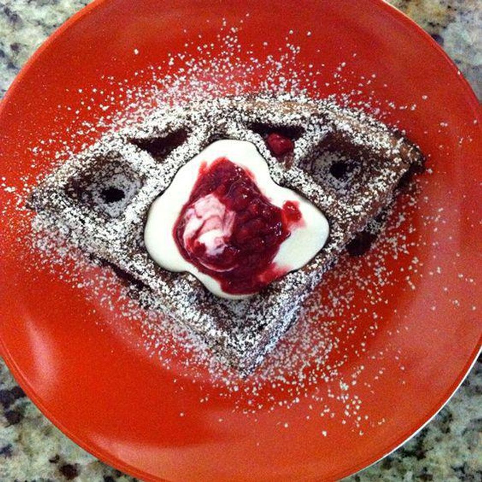 Dark Chocolate Chili Waffles with Raspberry Sauce