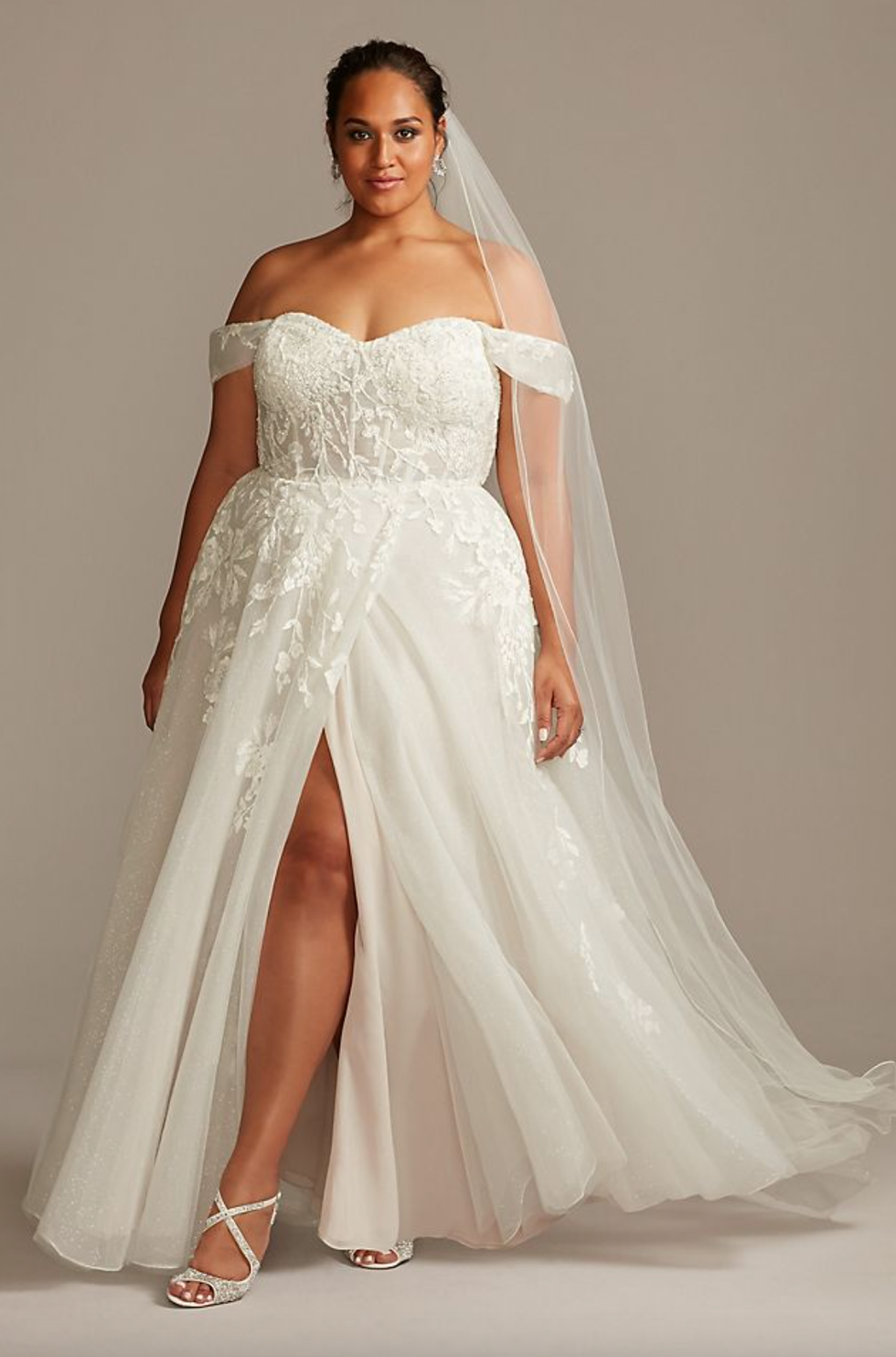 David's Bridal Galina Signature Floral Tulle Wedding Dress with Removable Sleeves