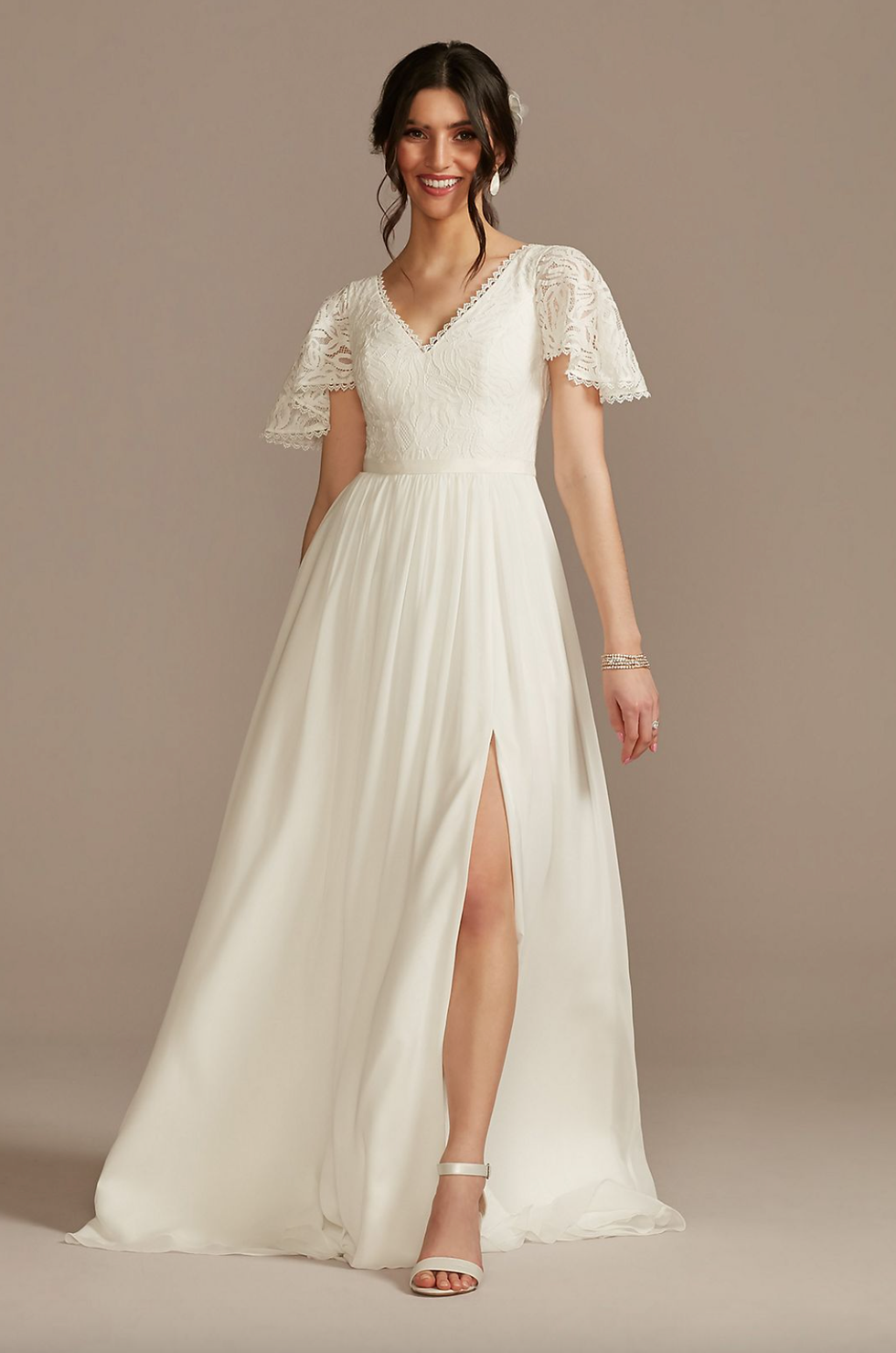 DB Studio Lace Chiffon Flutter Sleeve A-Line Wedding Dress