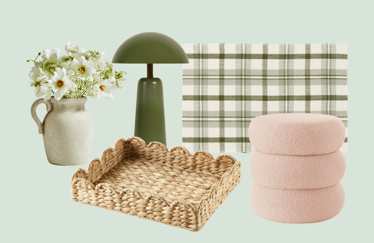 Decor items: vase with flowers, green lamp, plaid mat, woven tray, pink pouf.