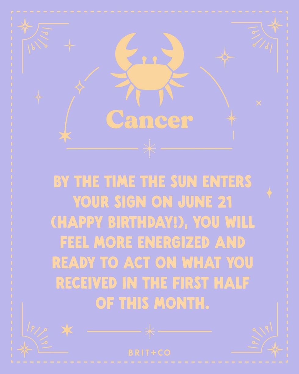 Decorative Cancer horoscope text with a crab symbol on a lavender background.