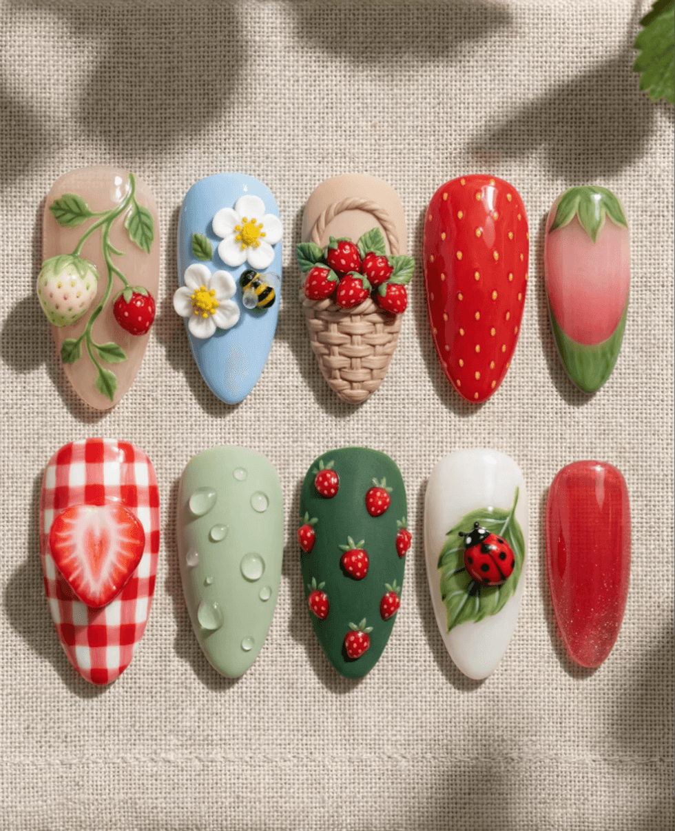 Decorative strawberry-themed nail designs on a textured fabric background.