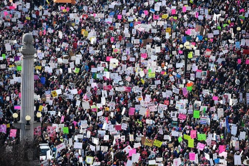 DENVER, CO - January 21: Women's March on Denver January 21, 2017. Over 100,000 people converged on downtown Denver in coordination with demonstrations across the country to send a message to the new Trump administration demanding social justice, human rights, and equality. (Photo by Andy Cross/The Denver Post via Getty Images)