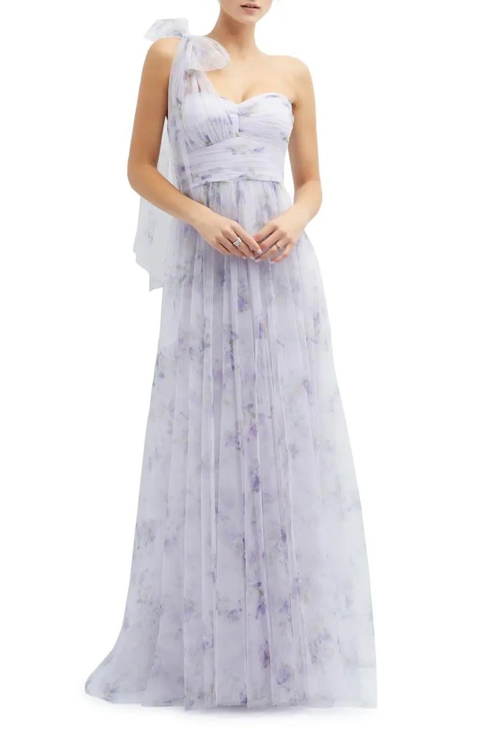 Dessy Collection Floral Tulle One-Shoulder Gown