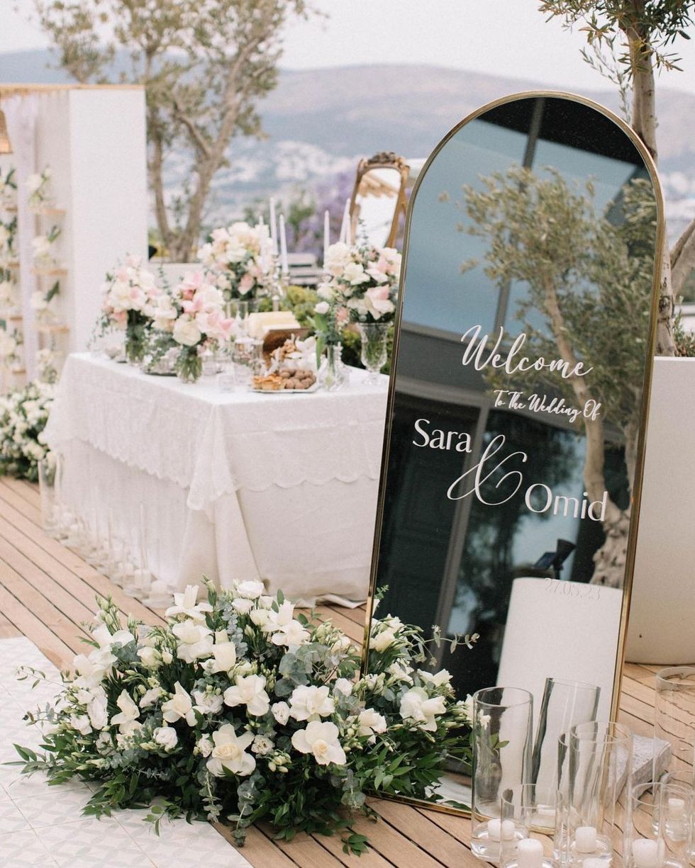 destination wedding in turkey, welcome signage at outdoor wedding