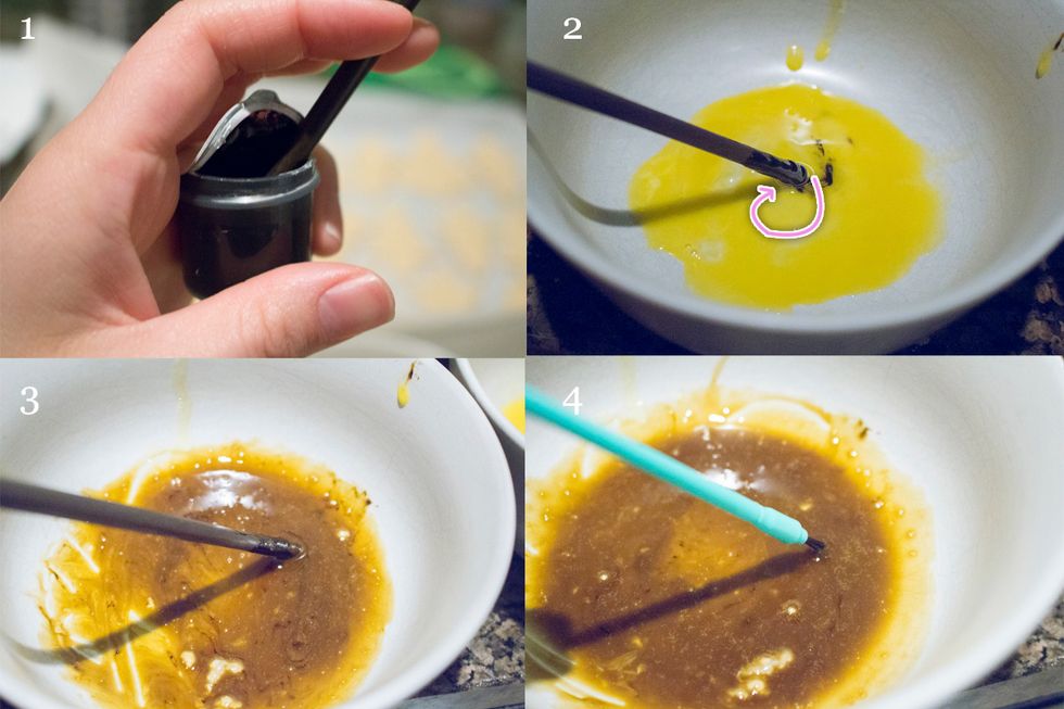 Dip a toothpick (or chopstick) into food colouring gel paste, and then subsequently dip into the egg yolk, mix well and dip your paint brush in.