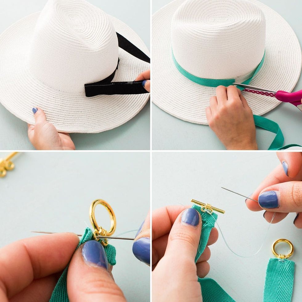 diy hat with ribbon and gem attaching toggle clasp