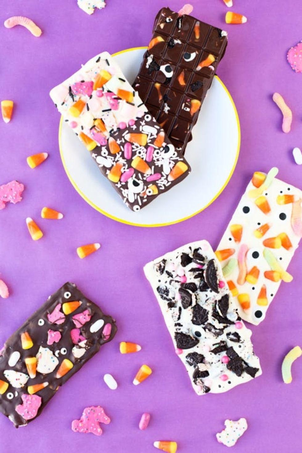DIY Spooky Bark on a purple background with candy corn and candy covered animal crackers
