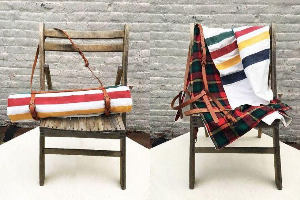 diy striped blanket that you can roll up and carry with you in its carry case