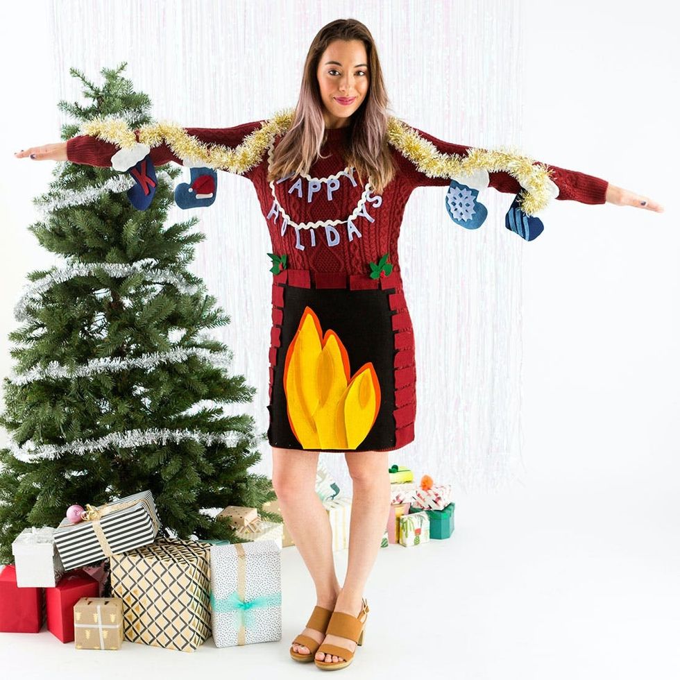 DIY Ugly Christmas Fireplace Sweater Dress