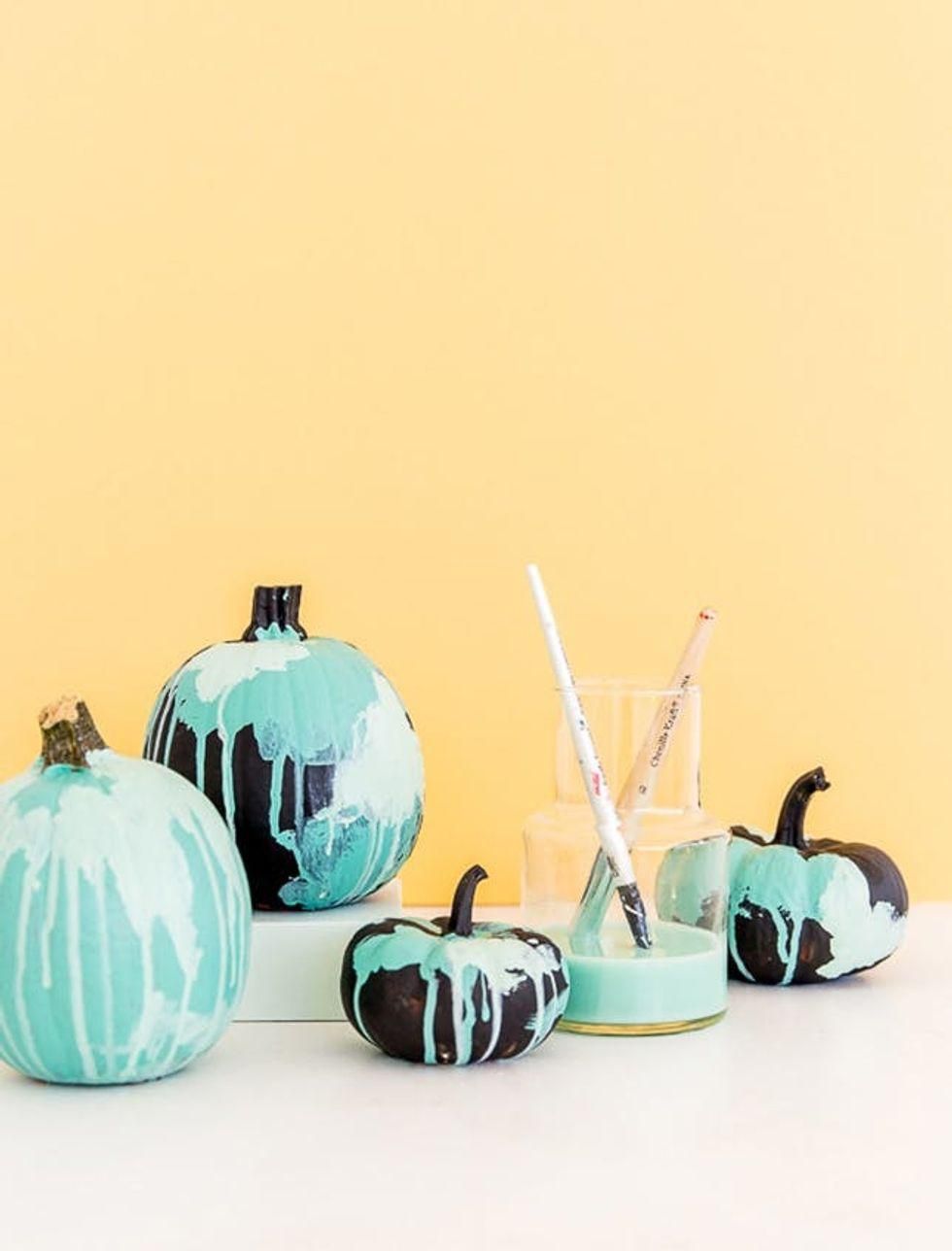 DIY Watercolor Pumpkins with teal and white paint