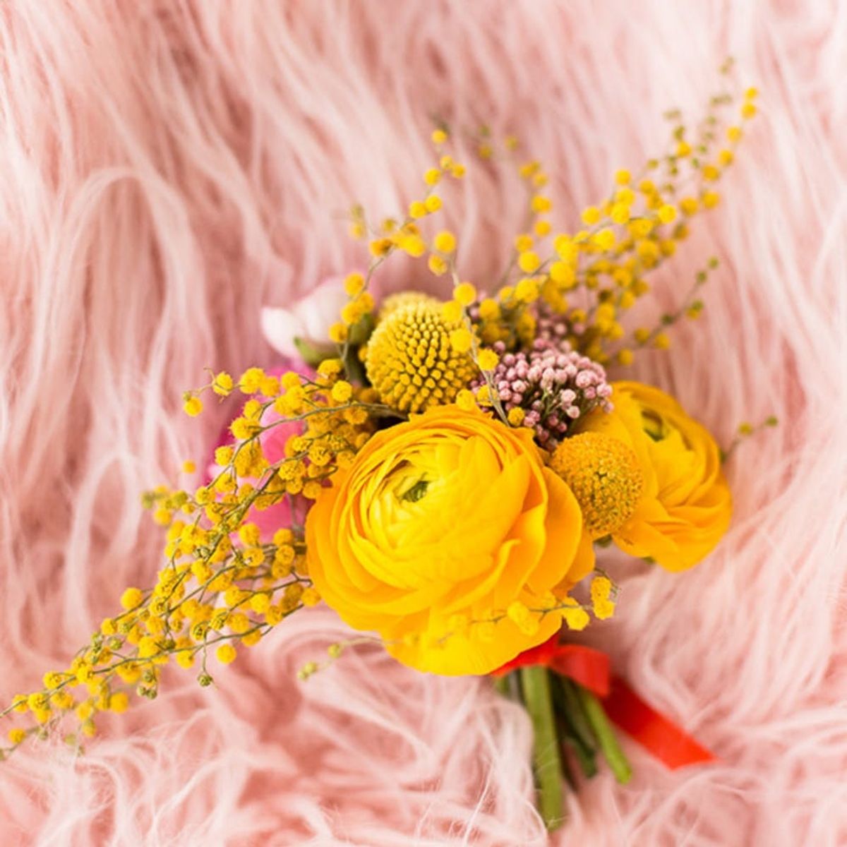 diy wedding florals yellow flower on pink shag rug