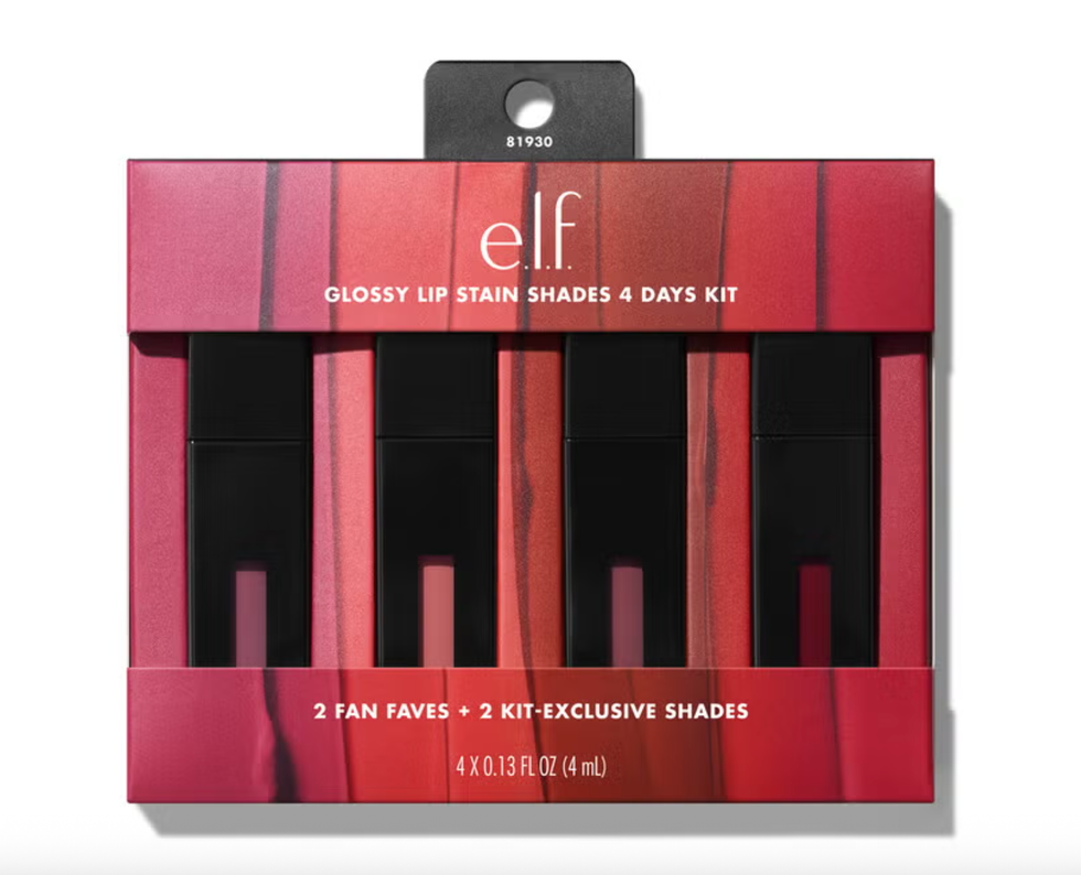e.l.f. 4 Days Lip Stain Kit with 4 shades, black caps, in pink-red packaging.