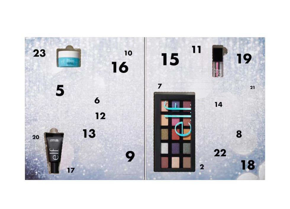 e.l.f. Advent calendar with makeup products and numbered slots.