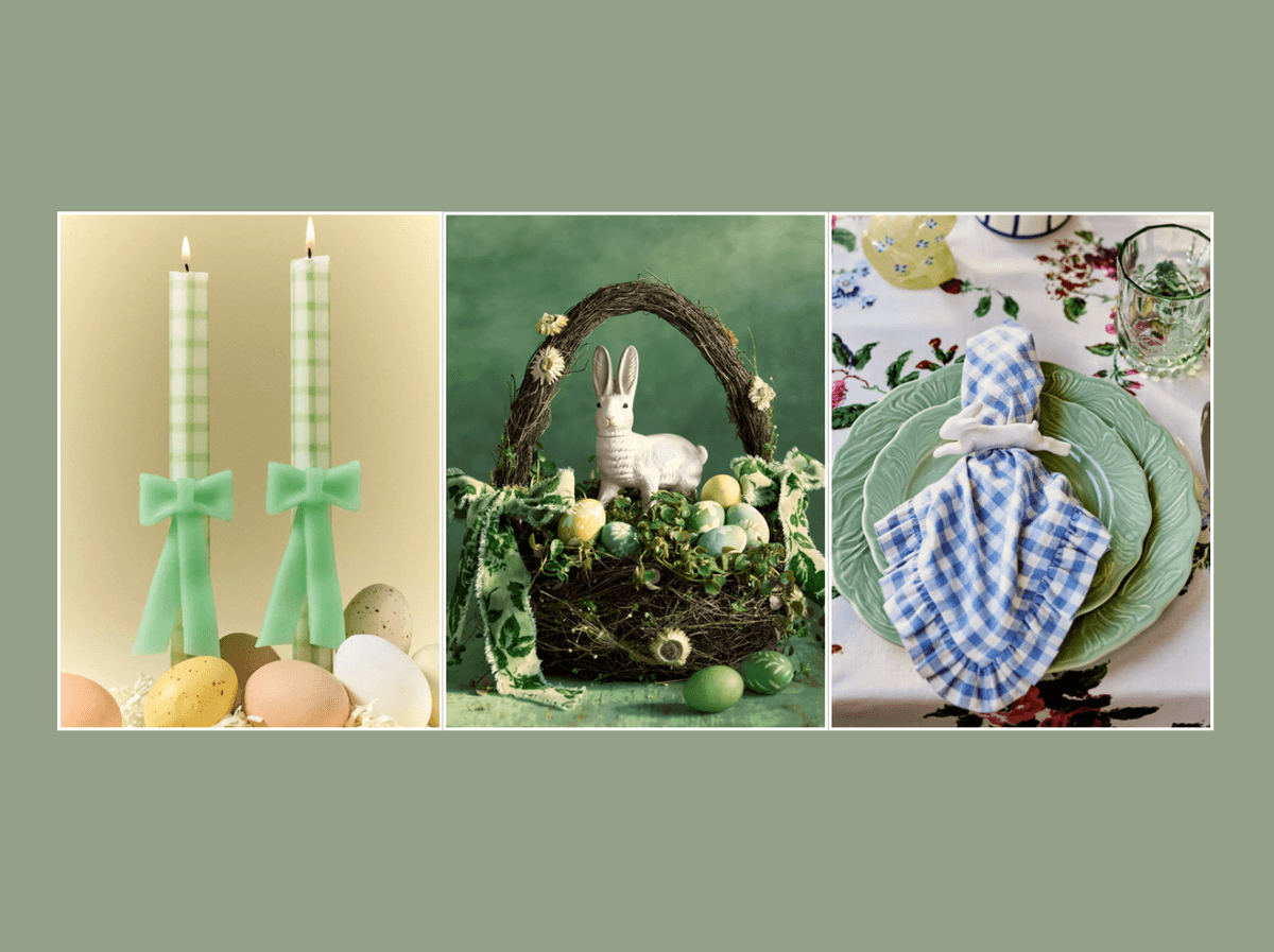 Easter-themed decor: candles, bunny basket with eggs, and a table setting with green plates.