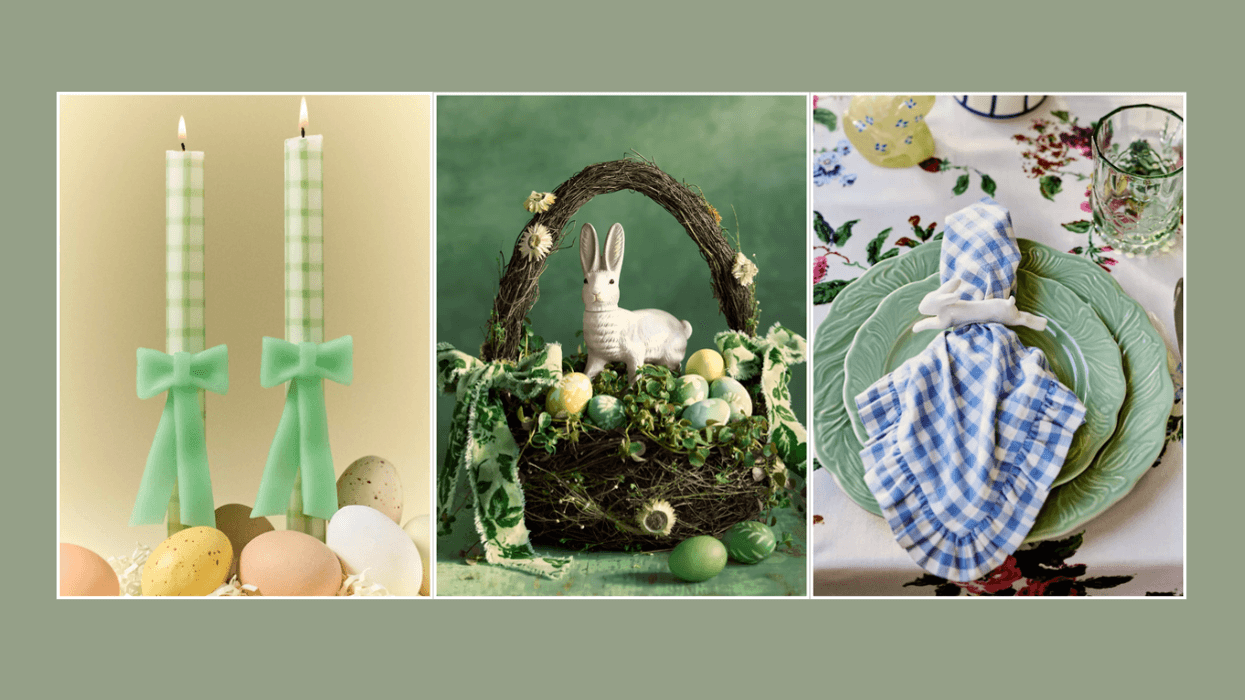 Easter-themed decor: candles, bunny basket with eggs, and a table setting with green plates.