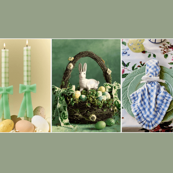 Easter-themed decor: candles, bunny basket with eggs, and a table setting with green plates.