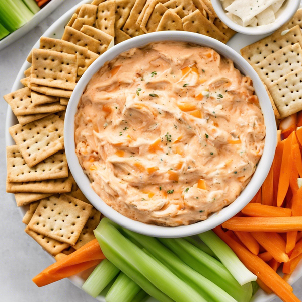 easy buffalo chicken dip recipe with crackers carrot sticks and celery