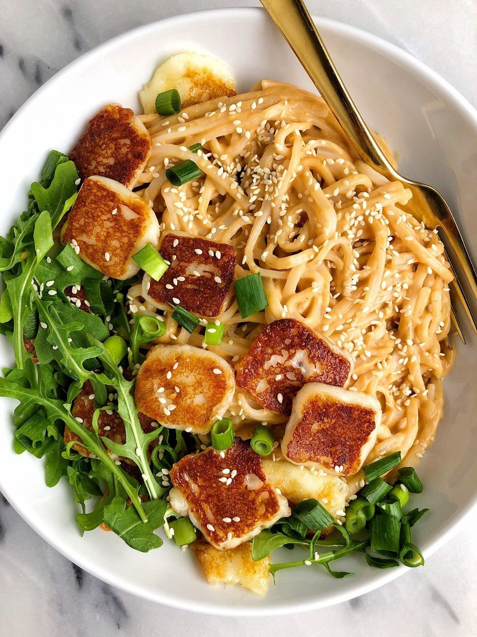 Easy Sesame Peanut Tahini Noodles with Halloumi