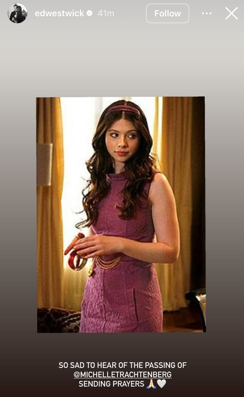ed westwick's instagram tribute to michelle trachtenberg