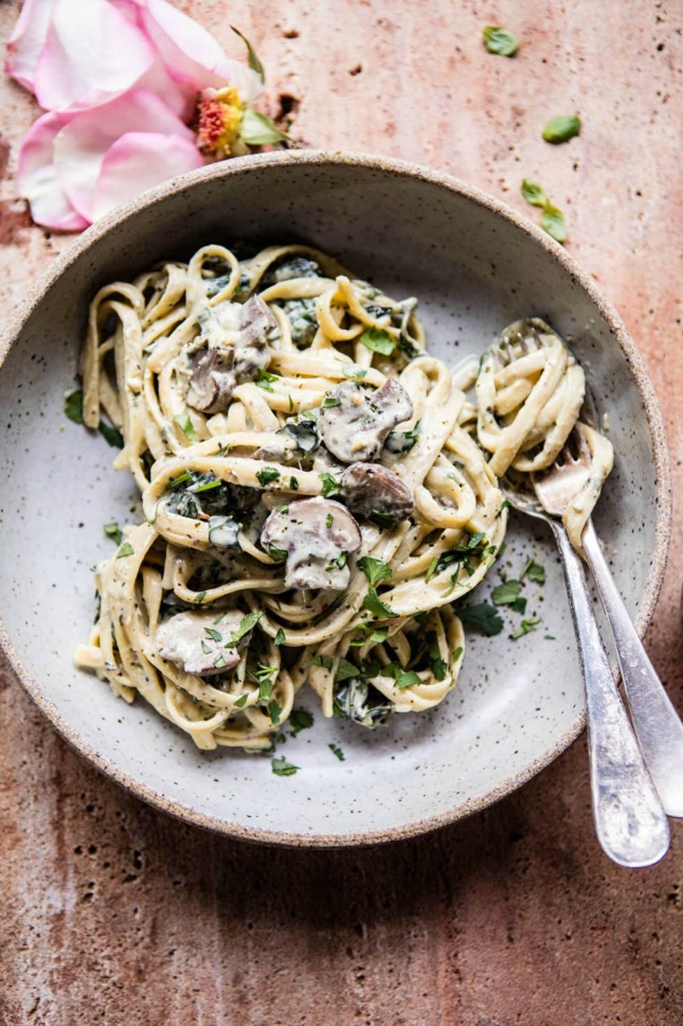 Eight-Ingredient Garlic Butter Mushroom and Goat Cheese Fettuccine