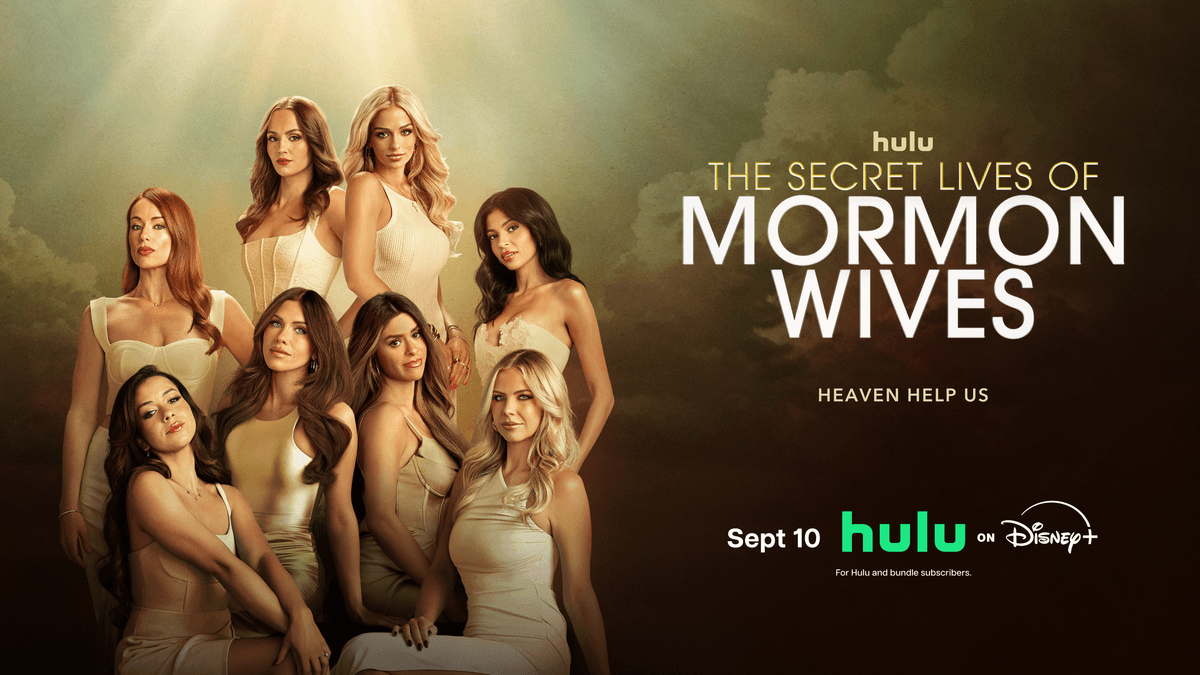 Eight women in white dresses; "The Secret Lives of Mormon Wives" title above.