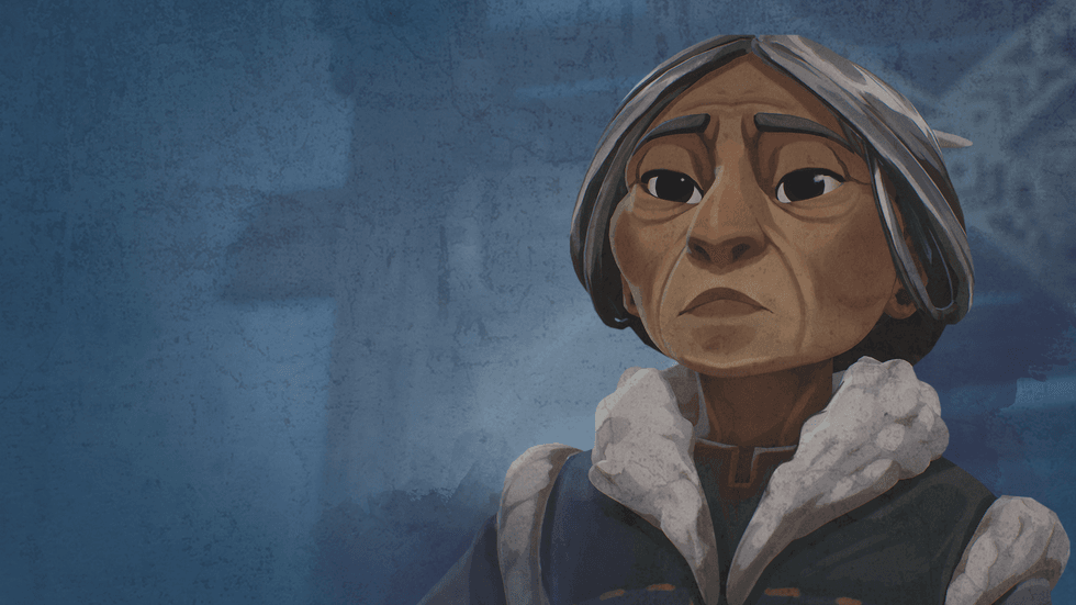 Elderly animated woman with gray hair and a serious expression, set against a blue background.